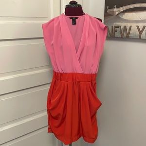 Pink and red color block cap sleeve dress with pockets